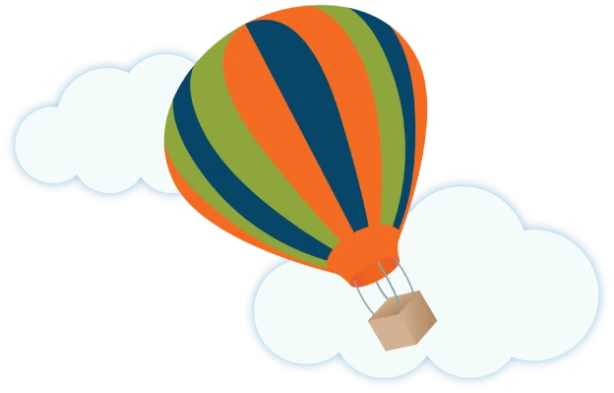 Balão da logomarca da ViajaBox entre as nuvens